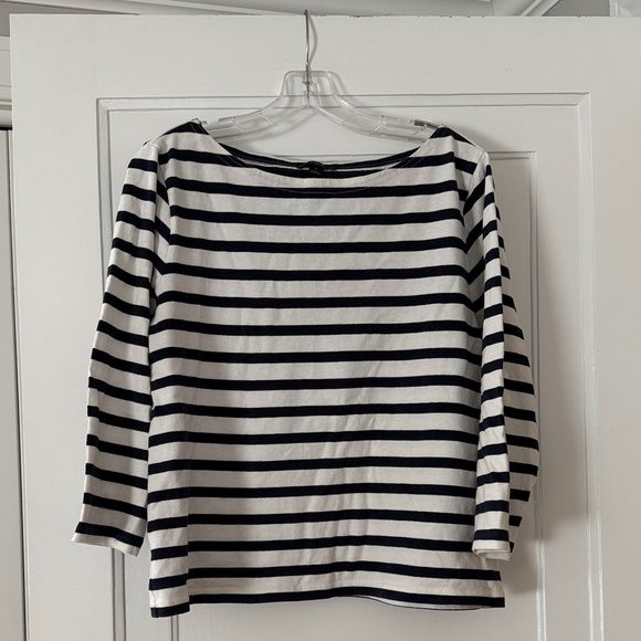 J. Crew Tops - J. Crew Navy Blue and White Striped Boat Neck Top Size L